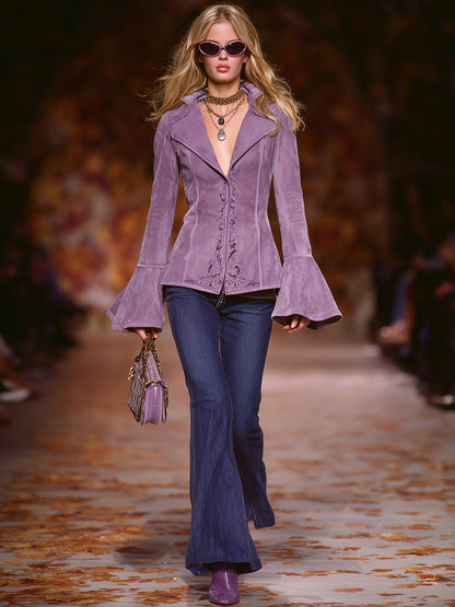 Veste Vintage en Suédine Violet avec Broderies Élégantes