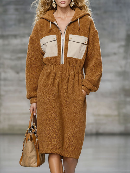 Robe Midi Décontractée en Fleece Camel Vintage avec Capuche et Taille Élastique