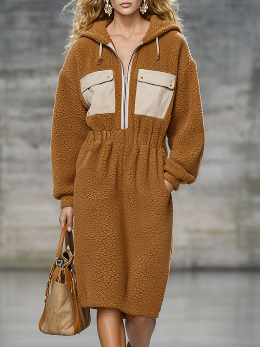 Robe Midi Décontractée en Polaire Camel Vintage avec Capuche et Taille Élastique