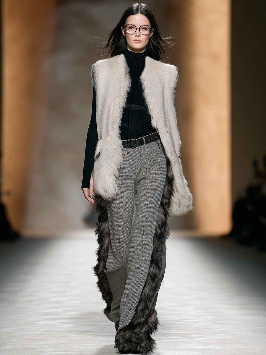 Chic Pantalon à Carreaux Gris avec Élégante Bordure en Fausse Fourrure