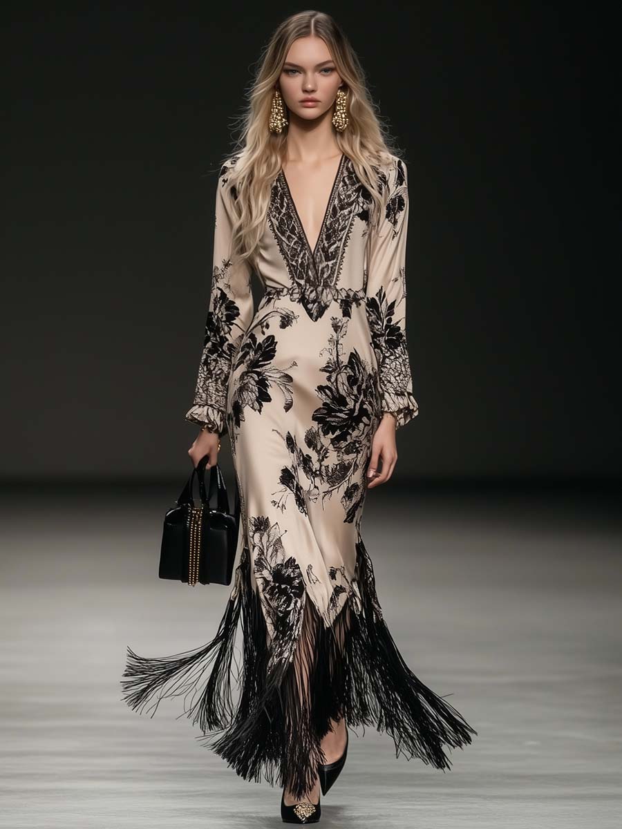 Robe Maxi Bohémienne en Satin Beige à Imprimé Floral avec Franges et Décolleté en V