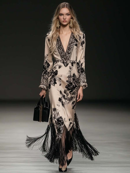 Robe Maxi Bohémienne en Satin Beige à Imprimé Floral avec Franges et Décolleté en V