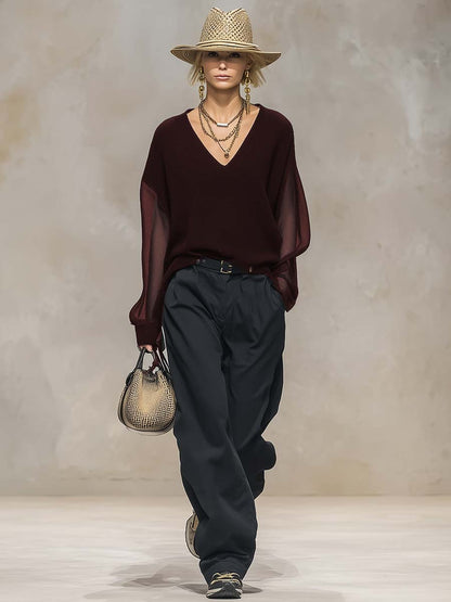 Décontractée et Élégante : Blouse Noire en Maille Transparente à Col V