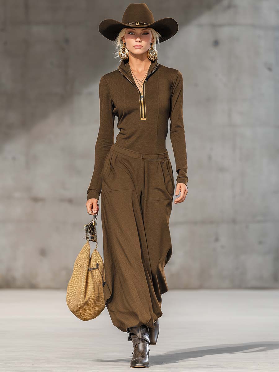 Ensemble Sportif Rétro Décontracté Gris Foncé : Haut Zippé à Col Montant et Pantalons Amples à Manches Longues