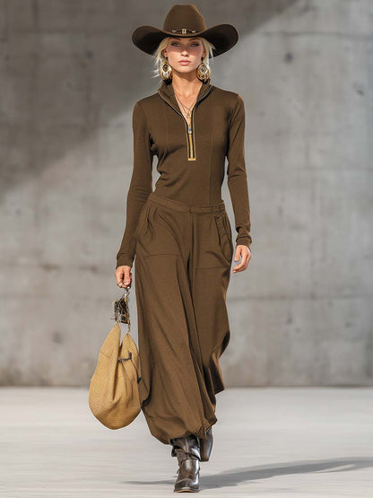 Ensemble Sportif Rétro Décontracté Gris Foncé : Haut Zippé à Col Montant et Pantalons Amples à Manches Longues