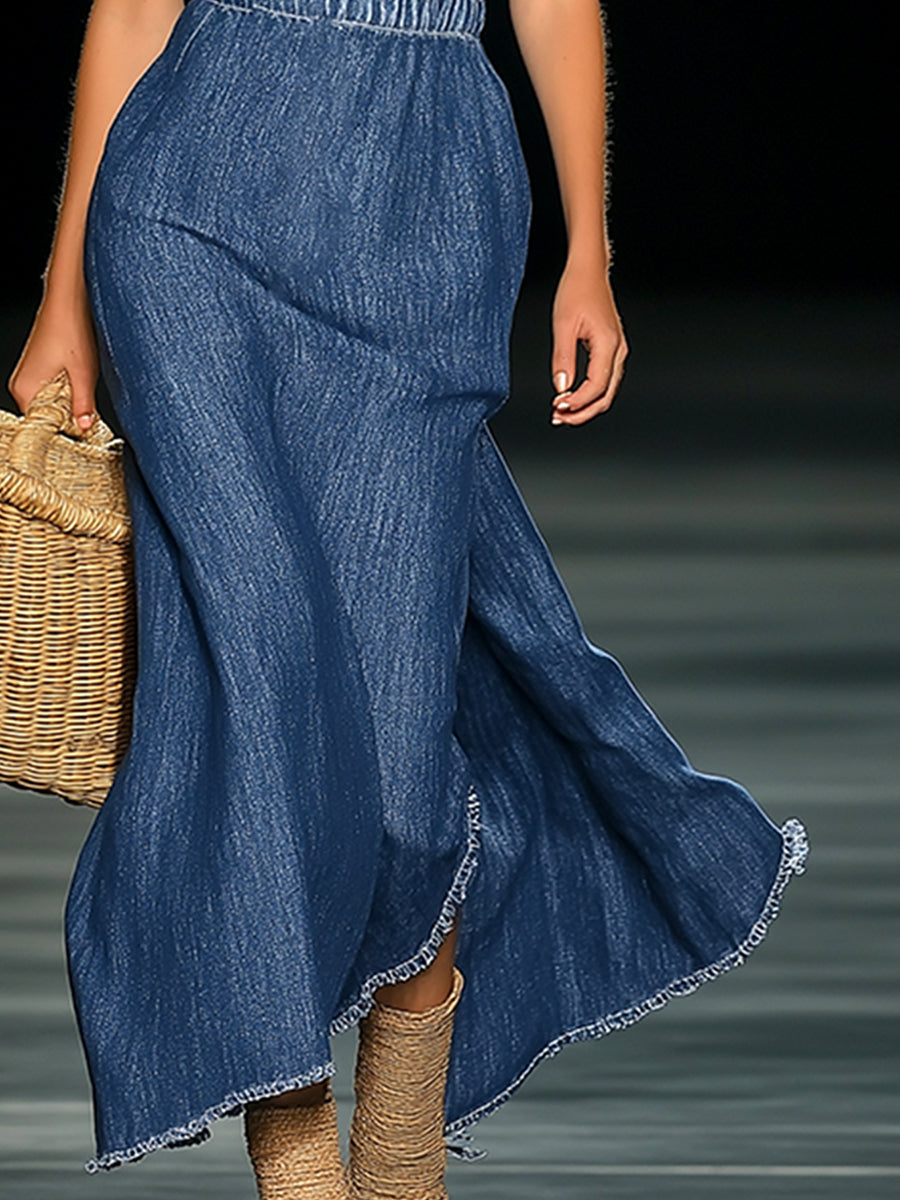 Robe Maxi en Jean 3D Florale Élégante Sans Épaules - Livraison en 24 Heures