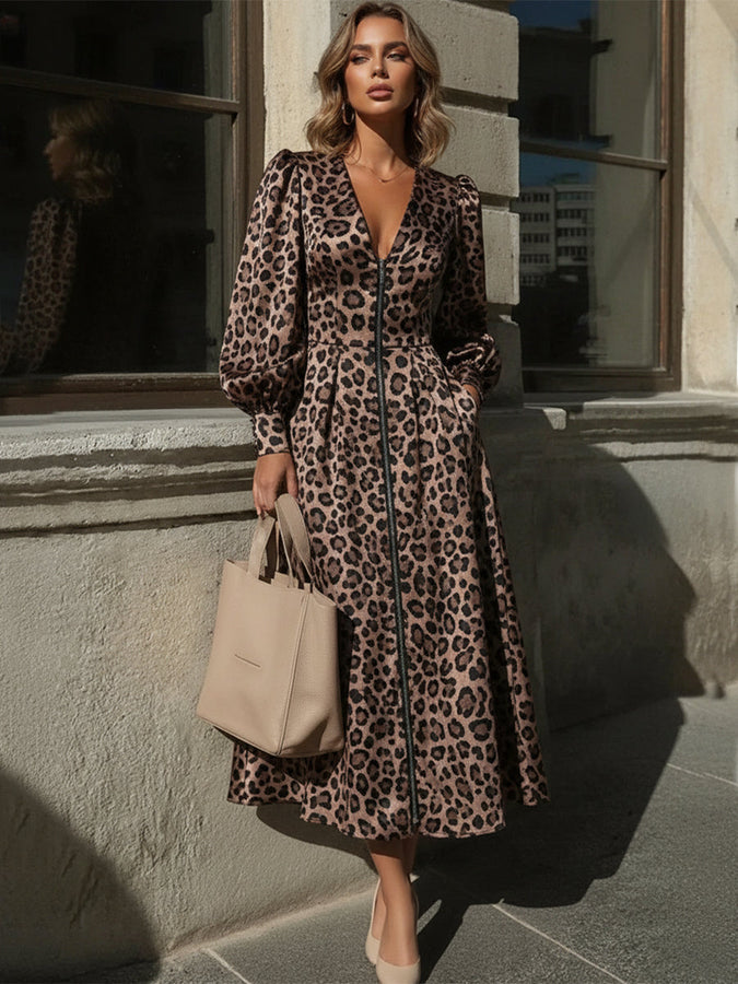 Robe Maxi Vintage à Col V avec Imprimé Léopard et Fermeture Éclair