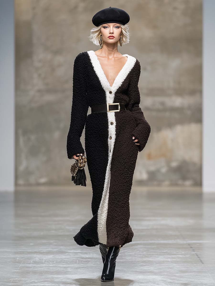 Robe Maxi en Polaire Brun Foncé avec Col V et Fermeture Contrastée - Élégance Rétro