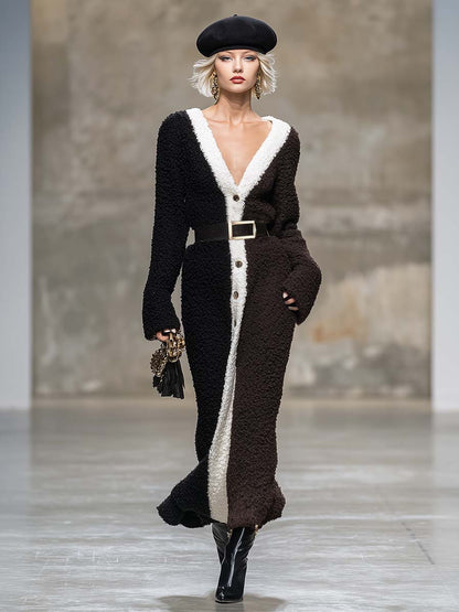 Robe Maxi en Polaire Brun Foncé avec Col V et Fermeture Contrastée - Élégance Rétro