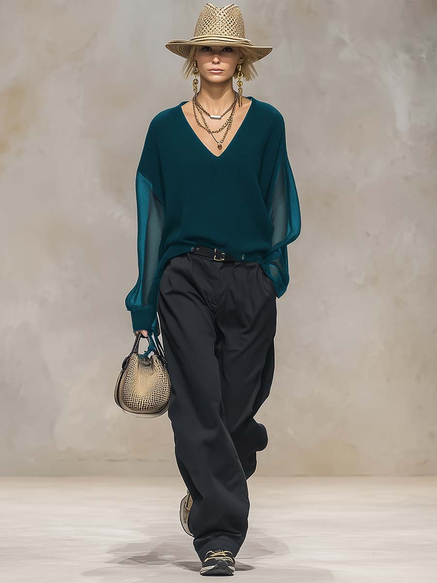 Blouse Noire en Maille Longue à Manches Transparentes - Élégance Confortable avec Décolleté en V