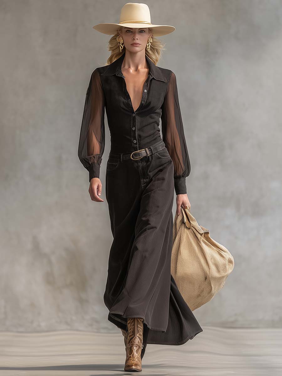 Maxi Robe en Denim Noir Transparent à Manches Longues avec Détails Vintage Western et Décolleté en V