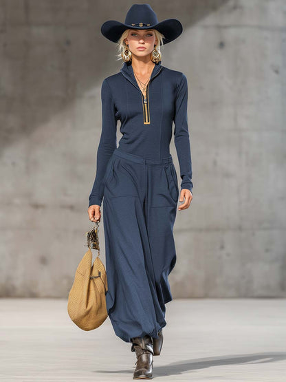 Ensemble Sportif Rétro Décontracté Gris Foncé : Haut Zippé à Col Montant et Pantalons Amples à Manches Longues