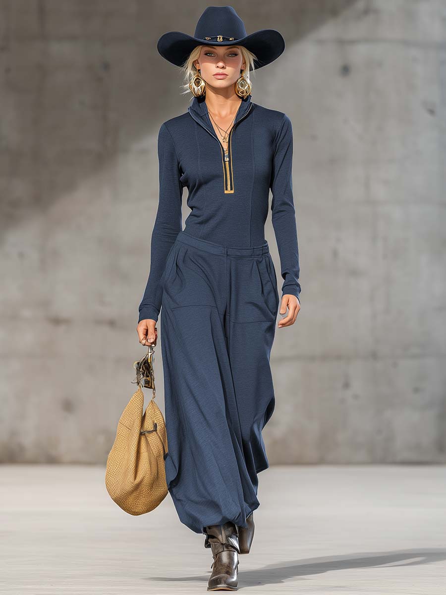 Ensemble Sportif Rétro en Gris Foncé avec Col Mi-Haut, Zip Avant et Pantalons Amples