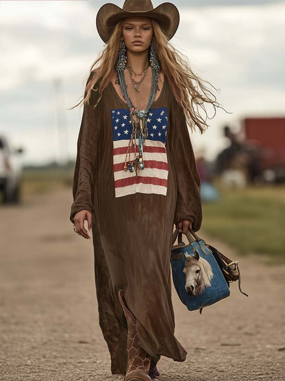 Robe Maxi en Coton Rose à Manches Longues - Imprimé Drapeau Vintage, Expédition Rapide en 24 Heures !