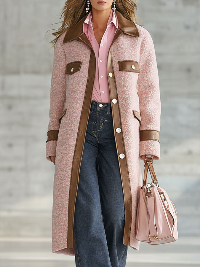 Long Rose en Polaire avec Accents Marron PU au Style Western Vintage