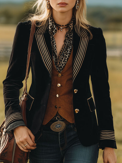 Blazer Noir en Suède Synthétique avec Rayures Western Vintage
