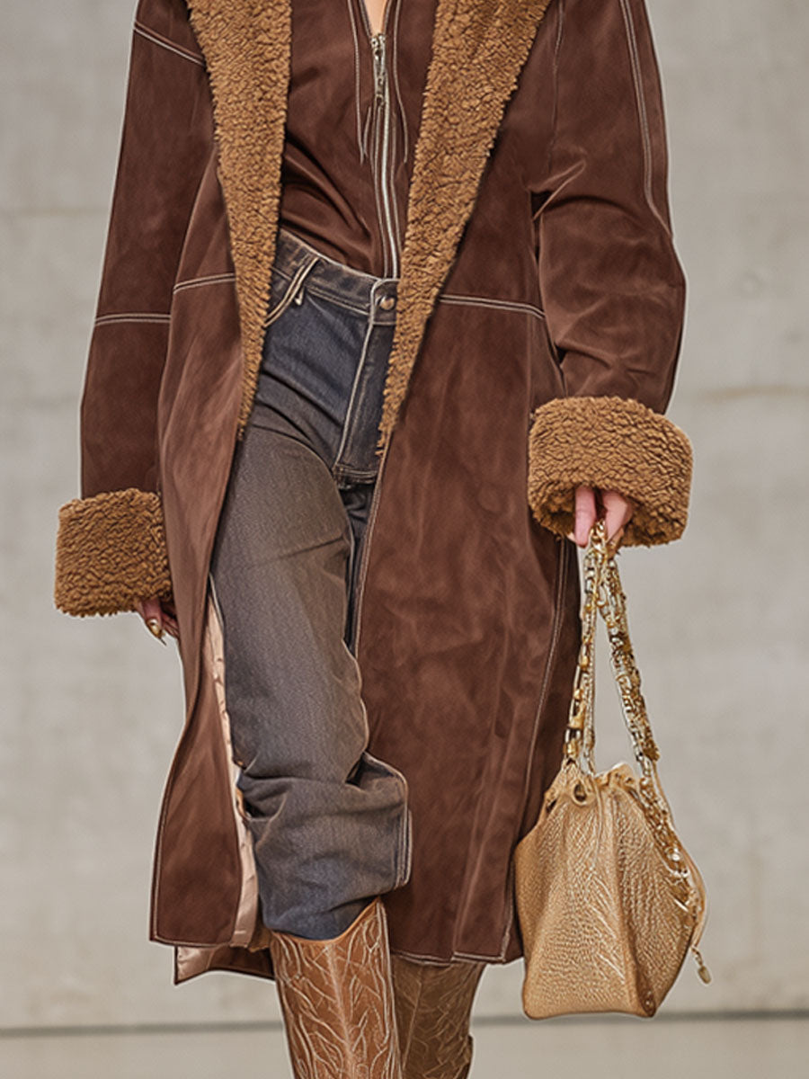 Veste Élégante en Fausse Fourrure et Suède à Col Oversize