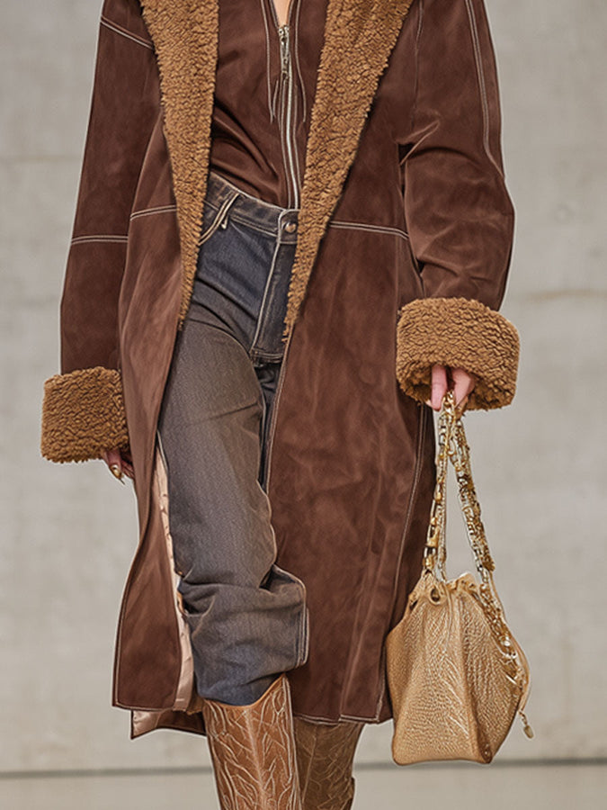 Veste Élégante en Fausse Fourrure et Suède à Col Oversize