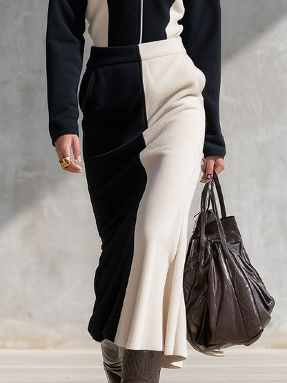 Ensemble Chic en Fleece : Haut et Jupe avec Col Contrasté et Zip