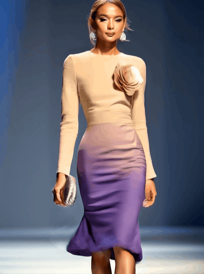 Robe Midi Élégante Beige et Violet Dégradé avec Fleurs 3D – Expédition en 24 Heures