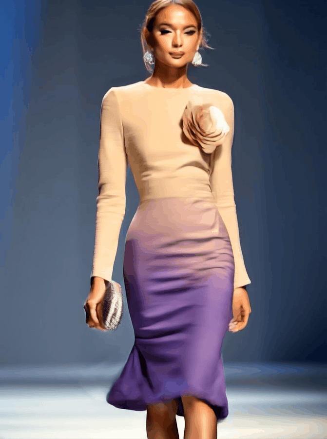 Robe Midi Élégante Beige et Violet Dégradé avec Fleurs 3D – Expédition en 24 Heures