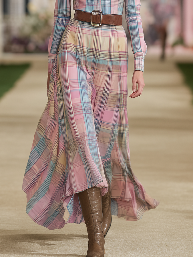 Robe Maxi à Manches Longues à Motif Carreaux Western Vintage