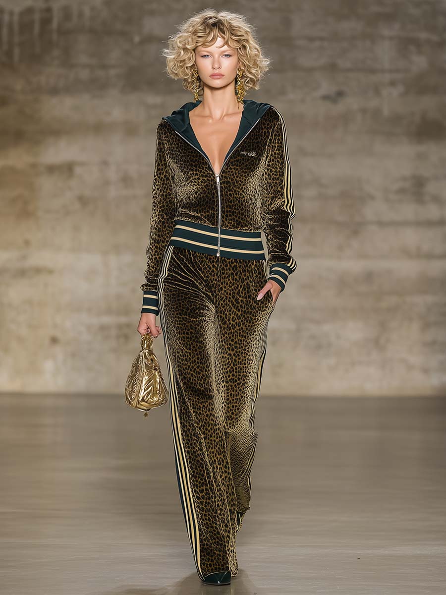 Ensemble Sportif en Velours Vert à Imprimé Léopard : Élégance et Confort