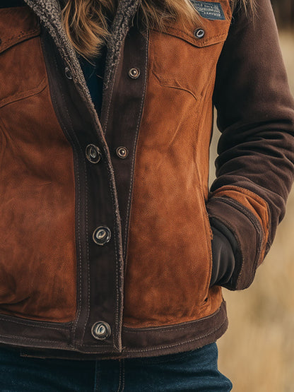 Veste en Polaire Fausse Suède Chocolat Caramel - Style Vintage Western