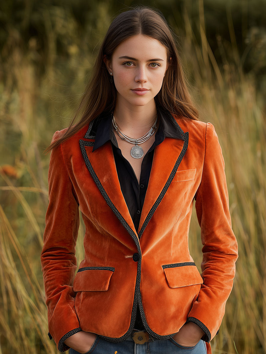 Veste Vintage en Velours Orange avec Patches Distinctifs