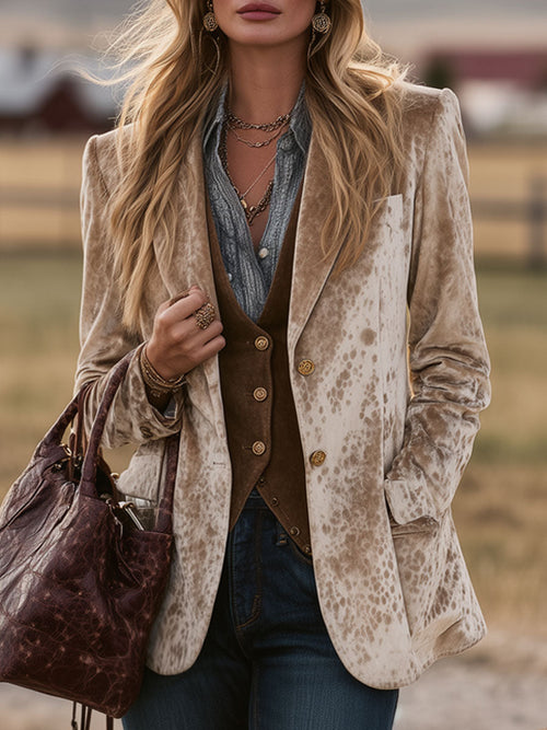 Veste en Velours Camel avec Motif de Cerf Sika - Style Western Nomade Rétro