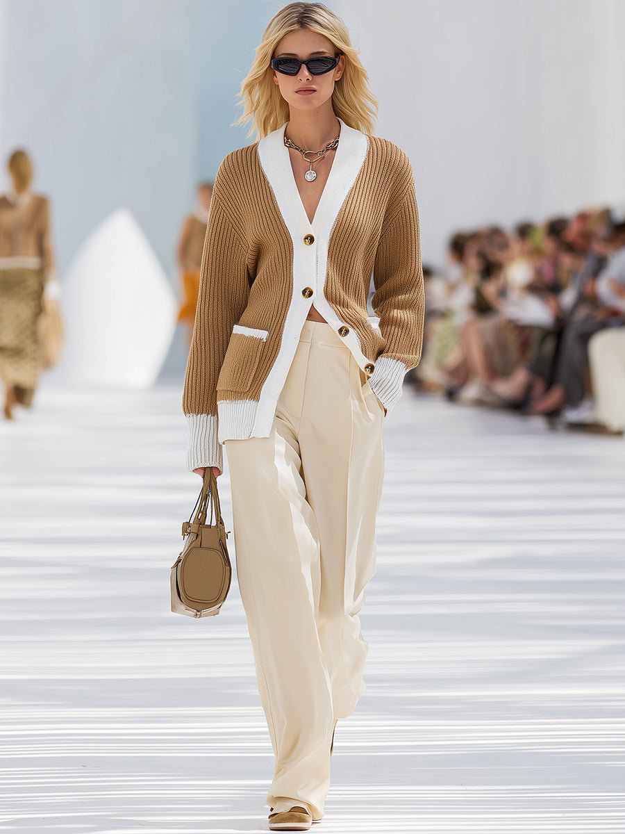 Chic Cardigan Tricoté en Contraste Élégant de Marron et Blanc