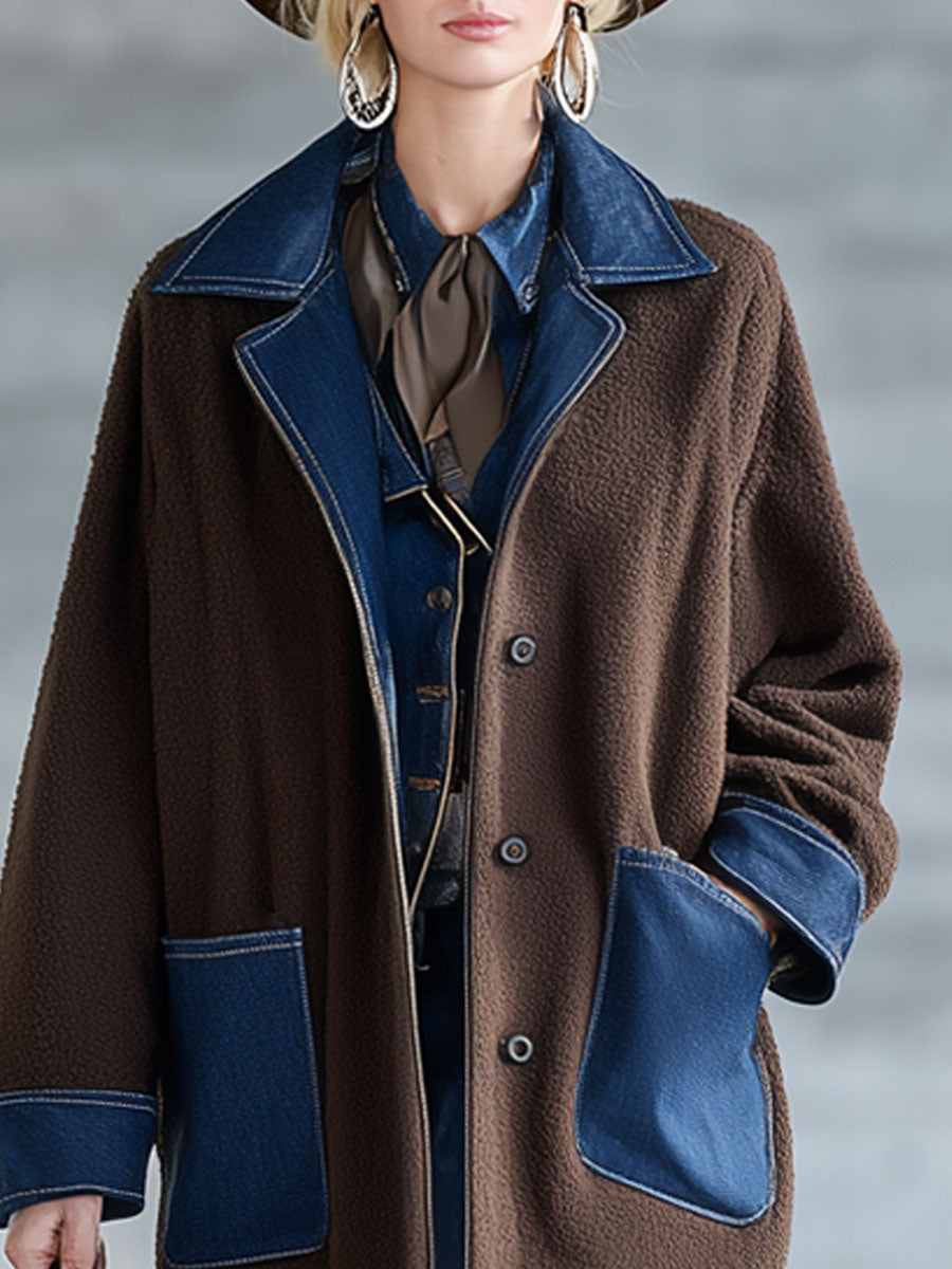 Veste en polaire chocolat avec patchwork en denim - Chic nomade urbain rétro