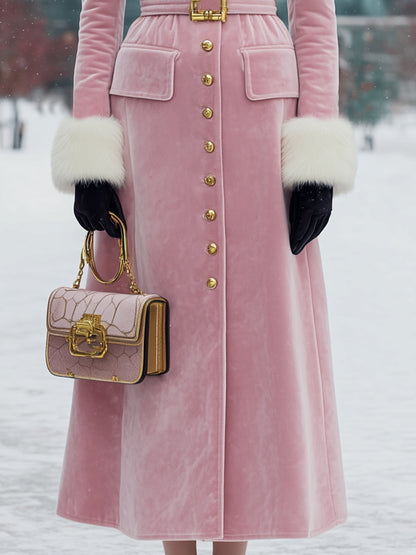 Veste en Velours Rose avec Col et Poignets en Fourrure
