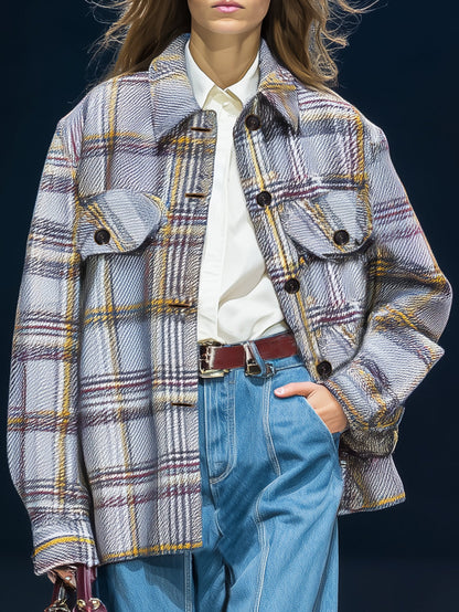 Chic Blazer Décontracté à Carreaux Gris et Jaune