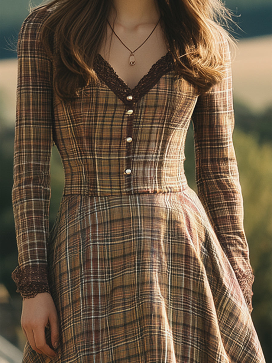Robe Maxi V-Neck en Dentelle à Motif Carreaux Marron