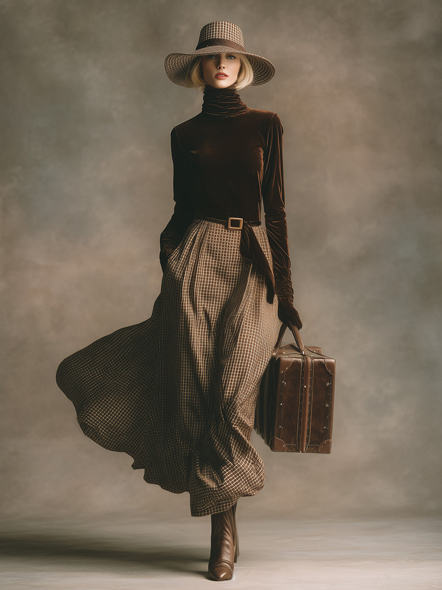 Robe Maxi en Velours Brun à Motif Carreaux avec Col en Pile Chic