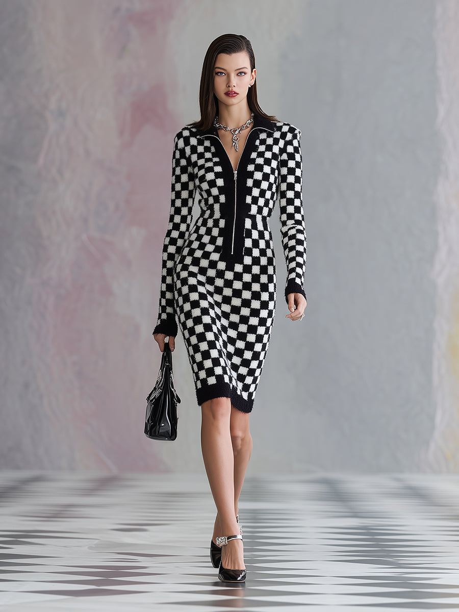 Chic Midi Robe Zippée en Mohair à Motif Carreaux Noir et Blanc