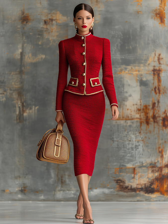 Ensemble Chic Rétro : Cardigan Tricoté Élégant et Jupe Sculptante