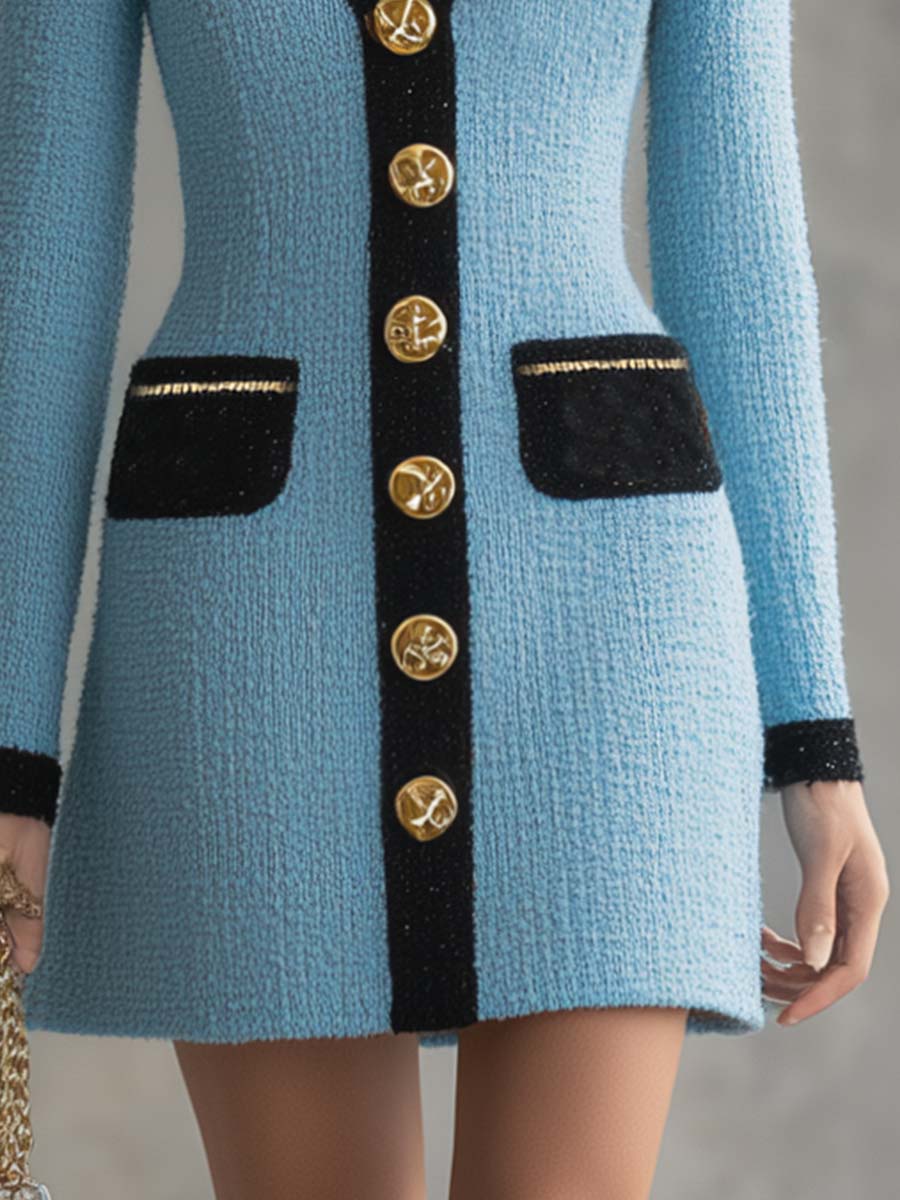 Robe Mini Vintage Classique V-Collier avec Détails en Boutons Métalliques et Bordures Noires en Tweed Bleu Ciel
