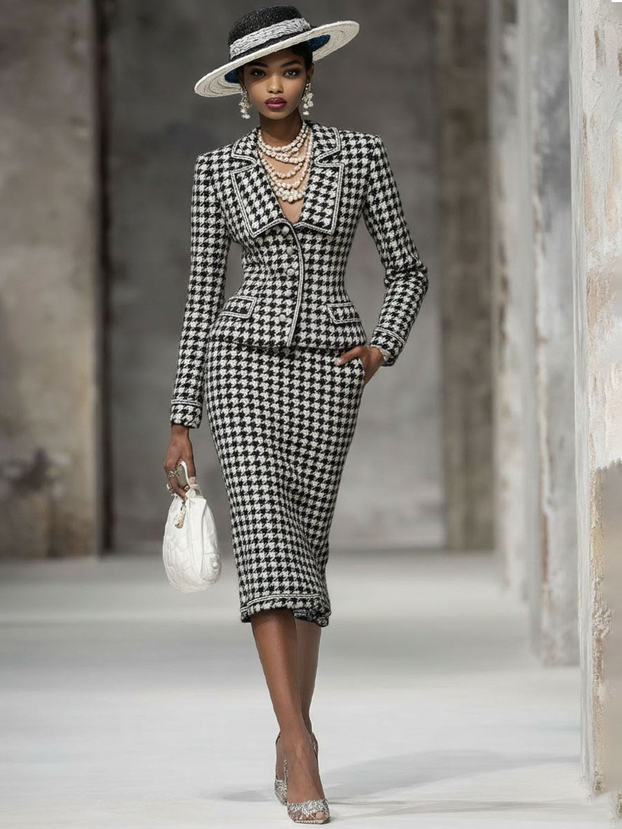 Chic Ensemble Blazer et Jupe à Motif Carreaux Noir et Blanc
