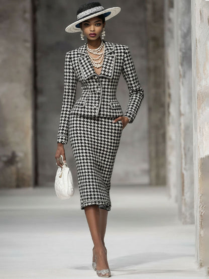 Chic Ensemble Blazer et Jupe à Motif Carreaux Noir et Blanc