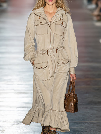 Robe Maxi Décontractée à Capuche Kaki Clair avec Coutures Apparentes et Poches Pratiques