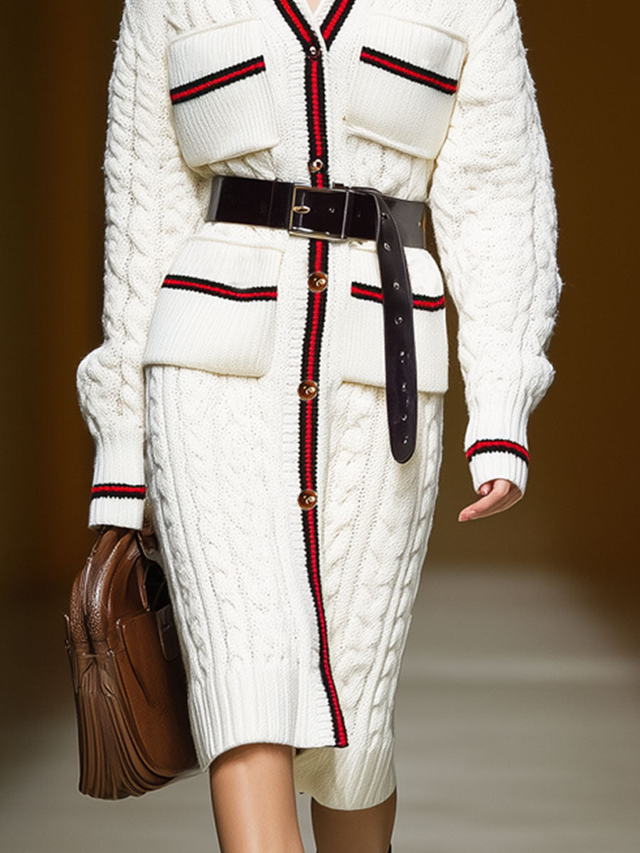 Chic Long Cardigan Tricoté avec Poches Multiples et Col Ceinturé