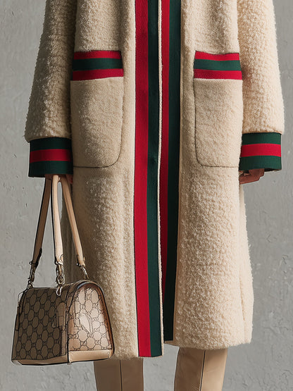 Élégant Manteau Beige en Fausse Laine de Mouton avec Col Chic