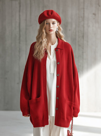 Élégant Cardigan Rouge Tricoté avec Col