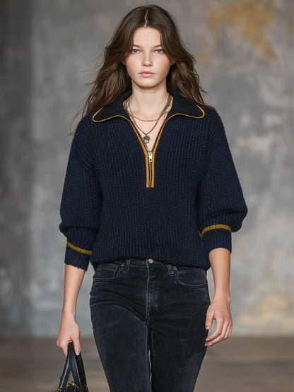 Pull à Col Contrasté avec Revers Élégant