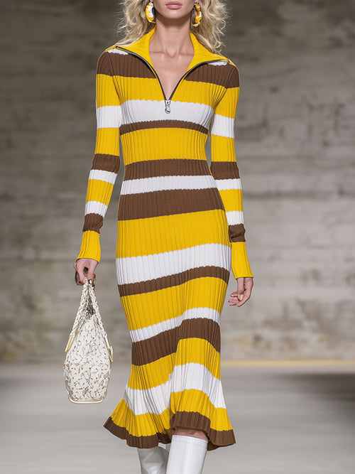 Robe Midi Tricotée à Rayures Rétro avec Fermeture Éclair