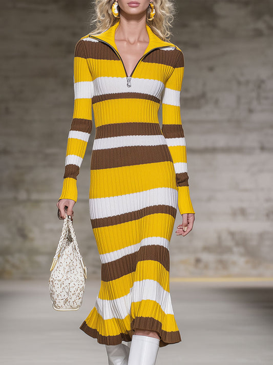 Robe Midi Tricotée Rayée au Style Rétro avec Mi-Fermeture Éclair