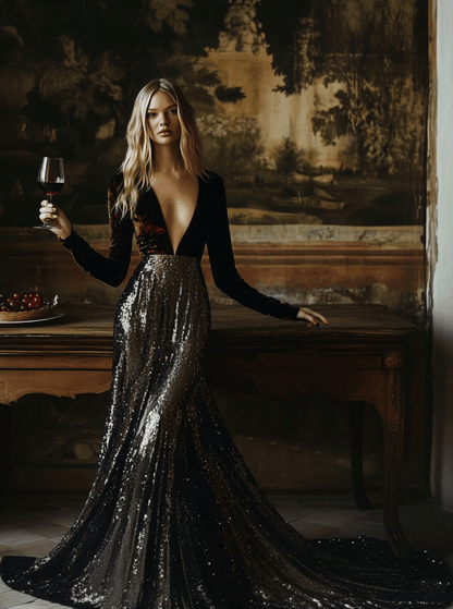 Robe Maxi Élégante en Velours à Sequins - Col V, Expédition Rapide sous 24 Heures