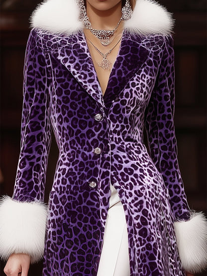 Long Velvet Leopard Print Coat in Purple with Luxe Faux Fur